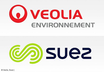 Symbolbild mit Logo von Veolia in oberer Hälfte und Logo von Suez in unterer Hälfte