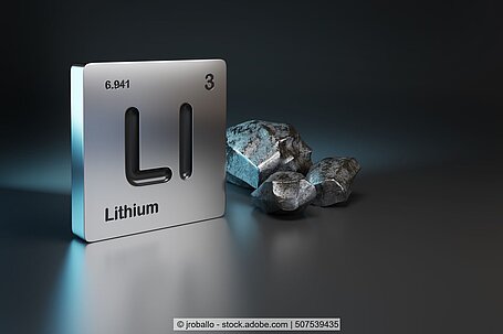 Metallblock mit Periodeneintrag von Lithium neben Metallerz vor dunklem Hintergrund