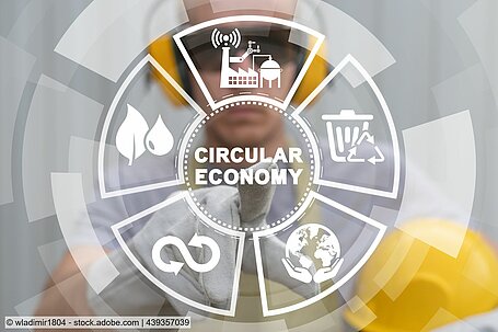 Symbole zu Erde, Mülltonne, Blätter und Fabrik im Kreis um Schriftzug "Circular Economy" angeordnet, im Hintergrund verschwommen Mann mit gelben Kopfhörern