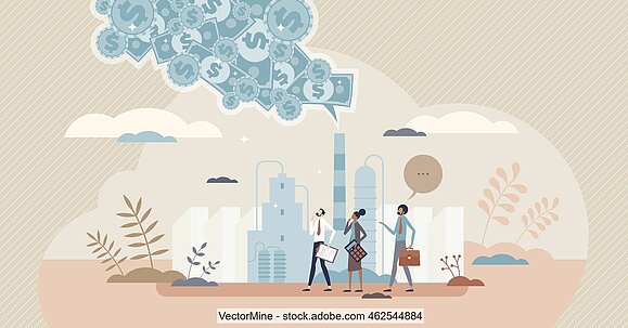 Vectorgrafik zum CO2-Preis: Schornstein mit Geldscheinen als Abgas