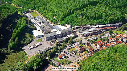 Luftbild der Kartonfabrik Buchmann in Annweiler