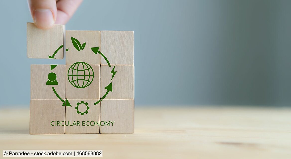 Holzsteine mit grün aufgedruckten Kreislaufsymbolen rund um Erdkugel und Unterzeile "Circular Economy""
