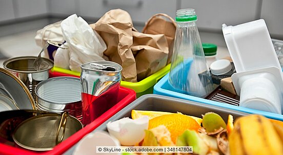 Vier verschiedene Abfalltonnen mit Bioabfall, Altpapier, Dosen und Plastikverpackungen