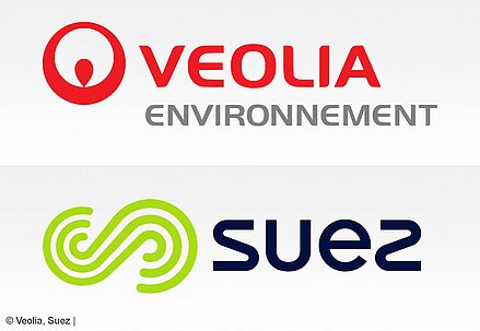 Montage mit Logo von Veolia in oberer Hälfte und Logo von Suez in unterer Hälfte