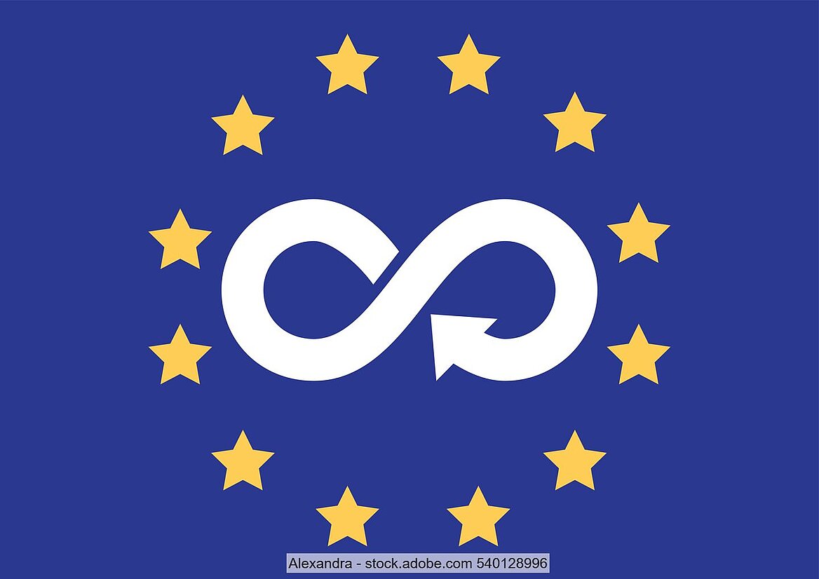 Kreislaufwirtschaftssymbol umrahmt von EU-Sternen