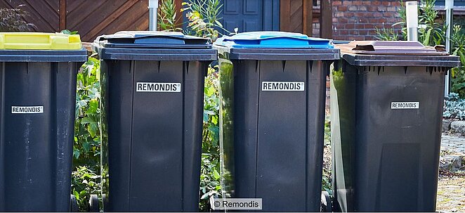 Vier Mülltonnen mit Aufdruck "Remondis" und verschieden farbigen Deckeln auf Fußweg, im Hintergrund Pflanzen, Hauswand und Eingangstür