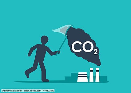 Grafische Darstellung CCS: Figur fängt mit Fangnetz CO2 ein