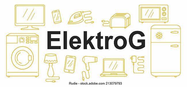 Mit gelbem Rand gezeichnete Elektrogeräte wie Kühlschrank, Waschmaschine, Fernseher und weitere in der Mitte Schriftzug "ElektroG"