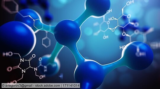 Grafische Darstellung eines Moleküls in blauen Farben