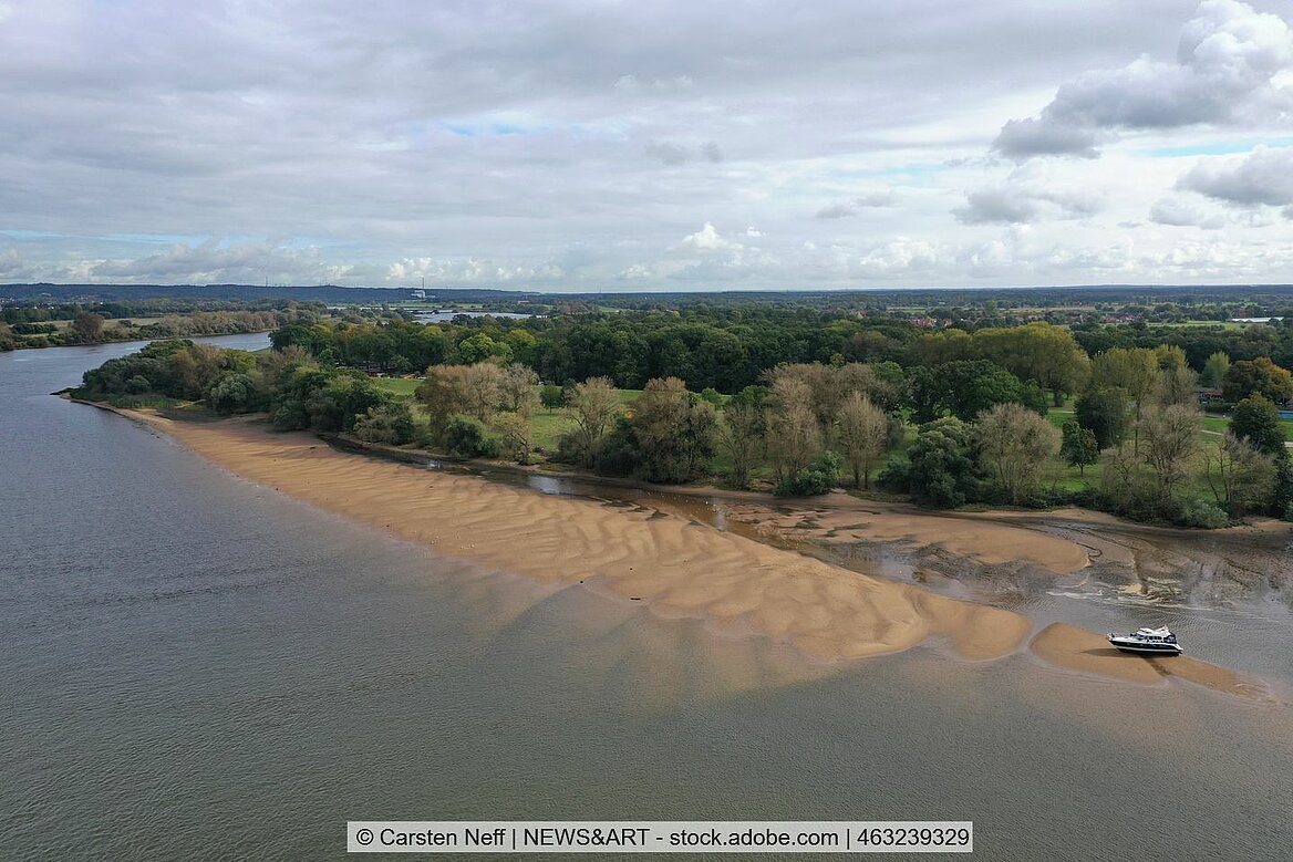 Luftbild auf Elbe mit Sandbänken und Uferstreifen, dahinter Wald