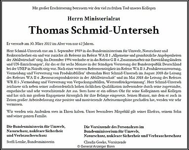 Traueranzeige des BMUV für Thomas Schmid-Unterseh
