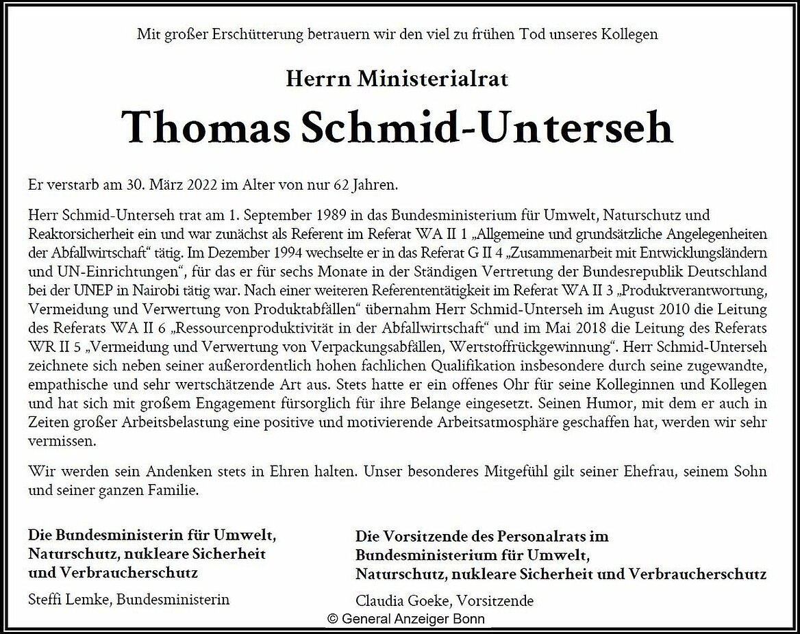 Traueranzeige des BMUV für Thomas Schmid-Unterseh