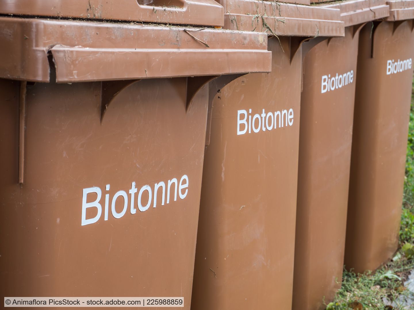 Vier braune Abfalltonnen mit Aufschrift Biotonne