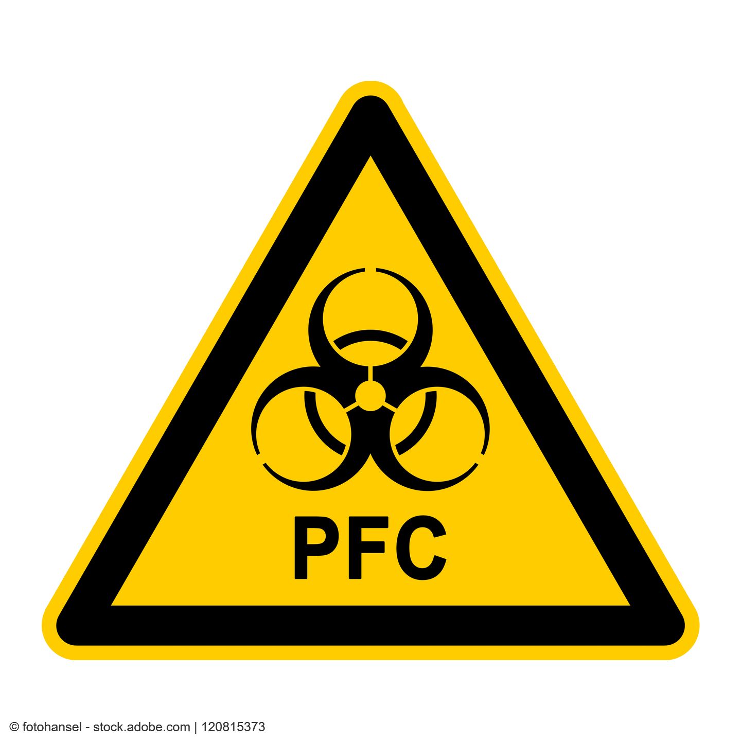 Gelbes Warnschild auf dem PFC in schwarzer Schrift steht.