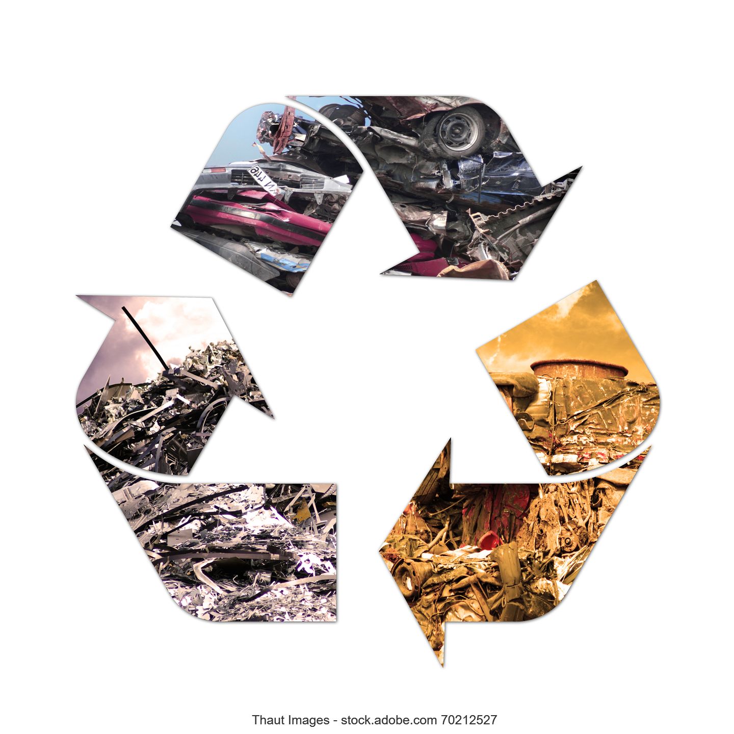 Symbol für Kreislauf aus drei Pfeilen, die Bilder von verschiedenen Abfallströmen enthalten, vor weißem Hintergrund