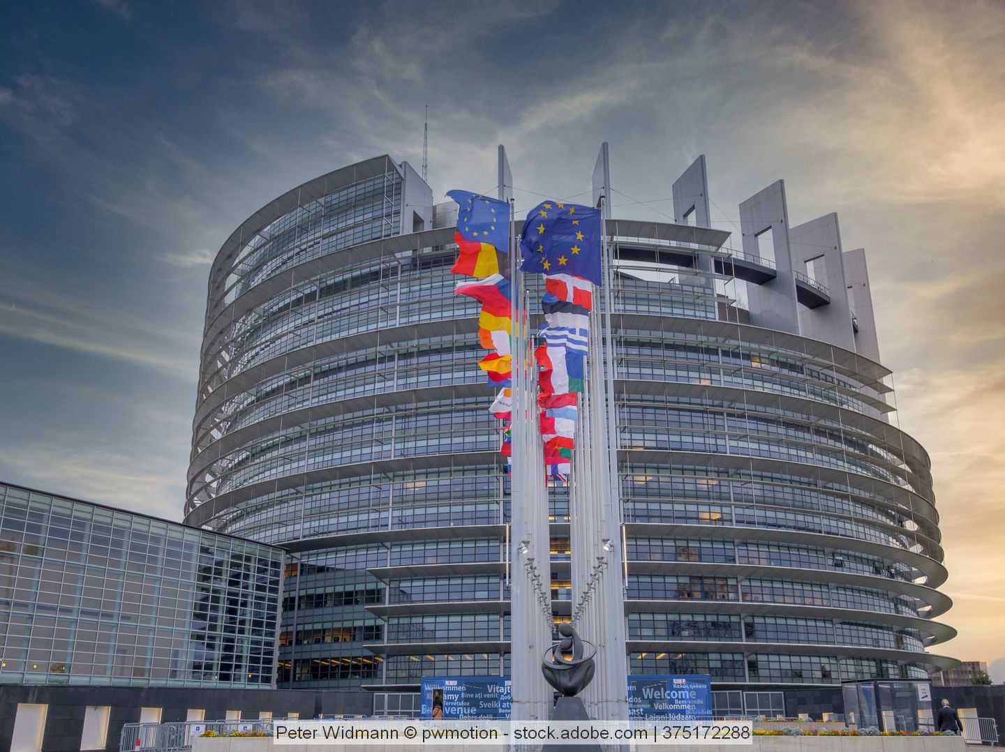 Man sieht diverse Flaggen von EU-Staaten vor dem EU-Parlament.