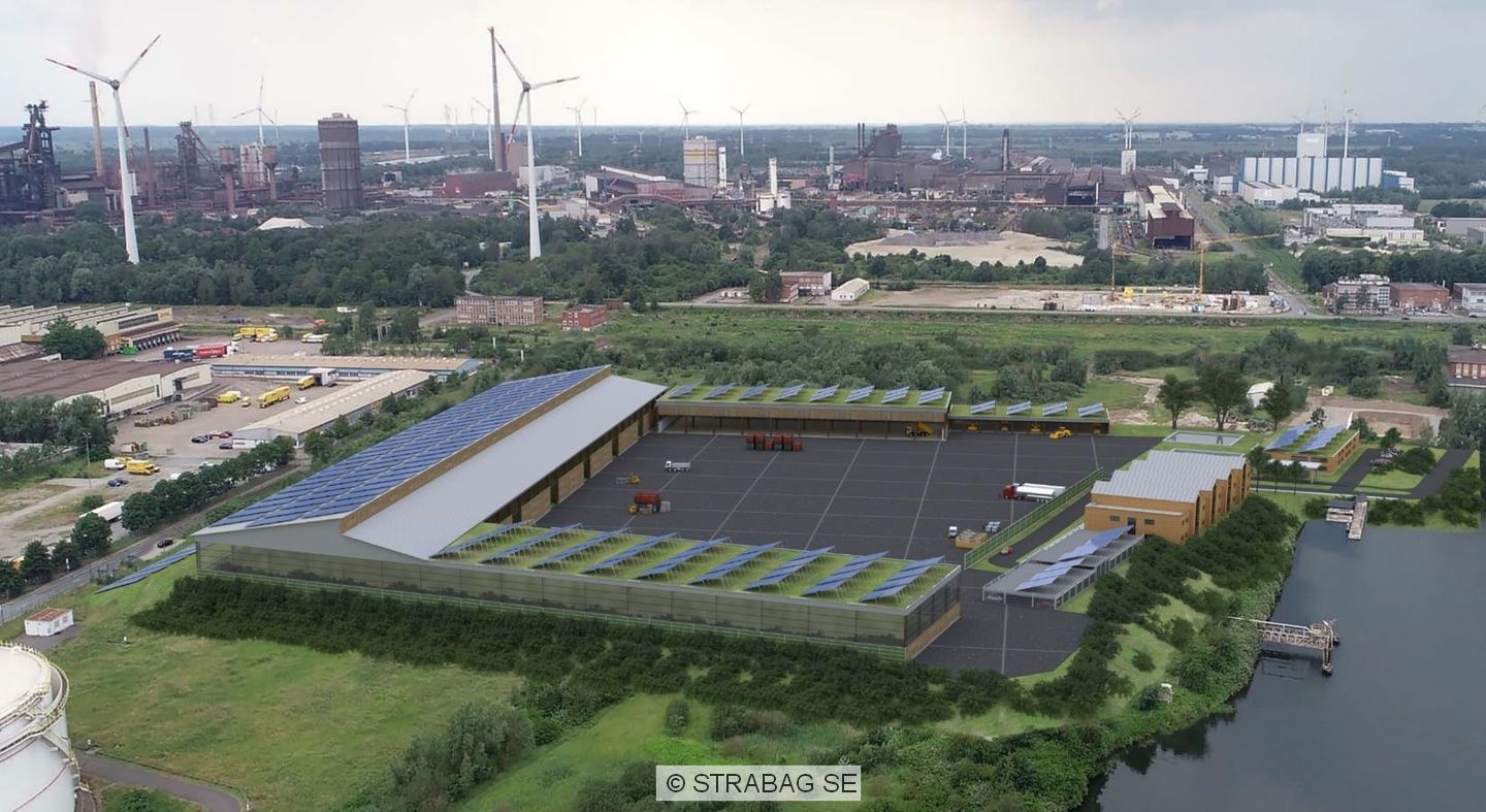 Visualisierung des geplanten Strabag-Technologiezentrums für Bauschuttaufbereitung in Bremen.