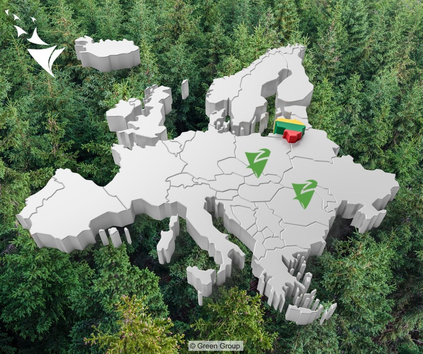 Europakarte mit Markierung für die geographische Präsenz von Green Group in Rumänien (Unternehmenssitz), Slowakei und Litauen