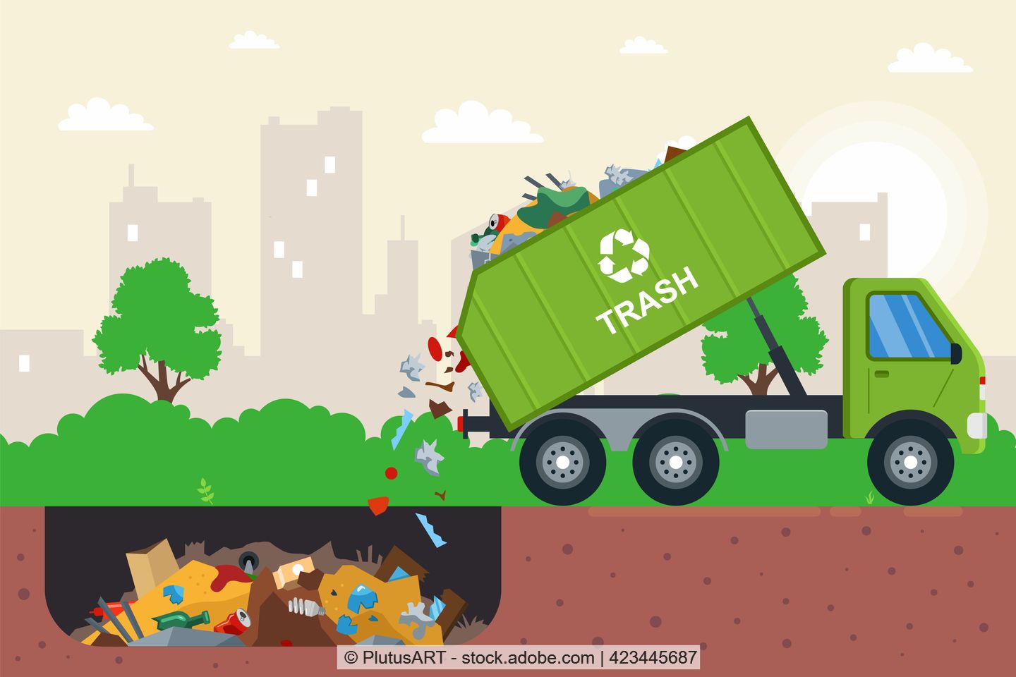 In einer Zeichnung kippt ein Müllfahrzeug Abfall in ein Erdloch.
