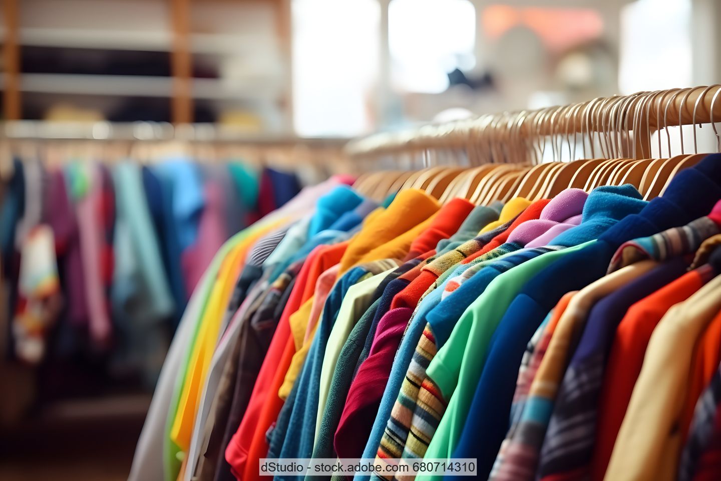 Verschiedene farbige Kleidungsstücke hängen auf Bügeln an einer Kleiderstange in einem Geschäft