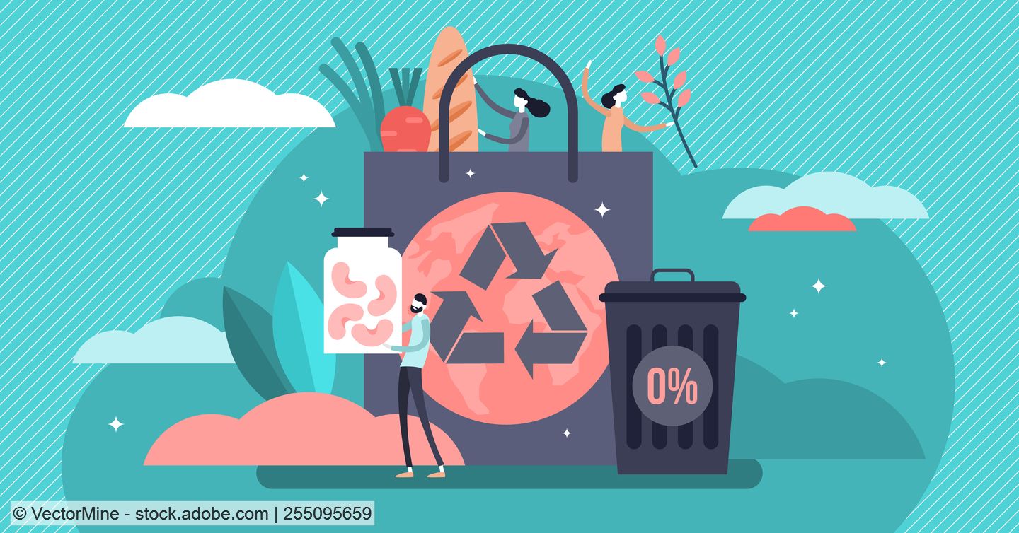 Grafik von Einkaufstausche mit Kreislaufsymbol, daneben Mülltonne mit Aufdruck "0 %" vor hellgrünem Hintergrund
